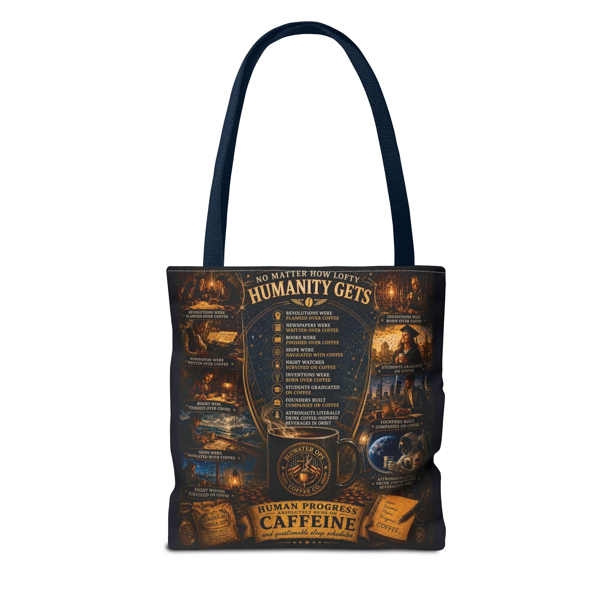 Caffeine Rules Tote Bag — "Human Progress Needs Caffeine" Vintage Coffee Design