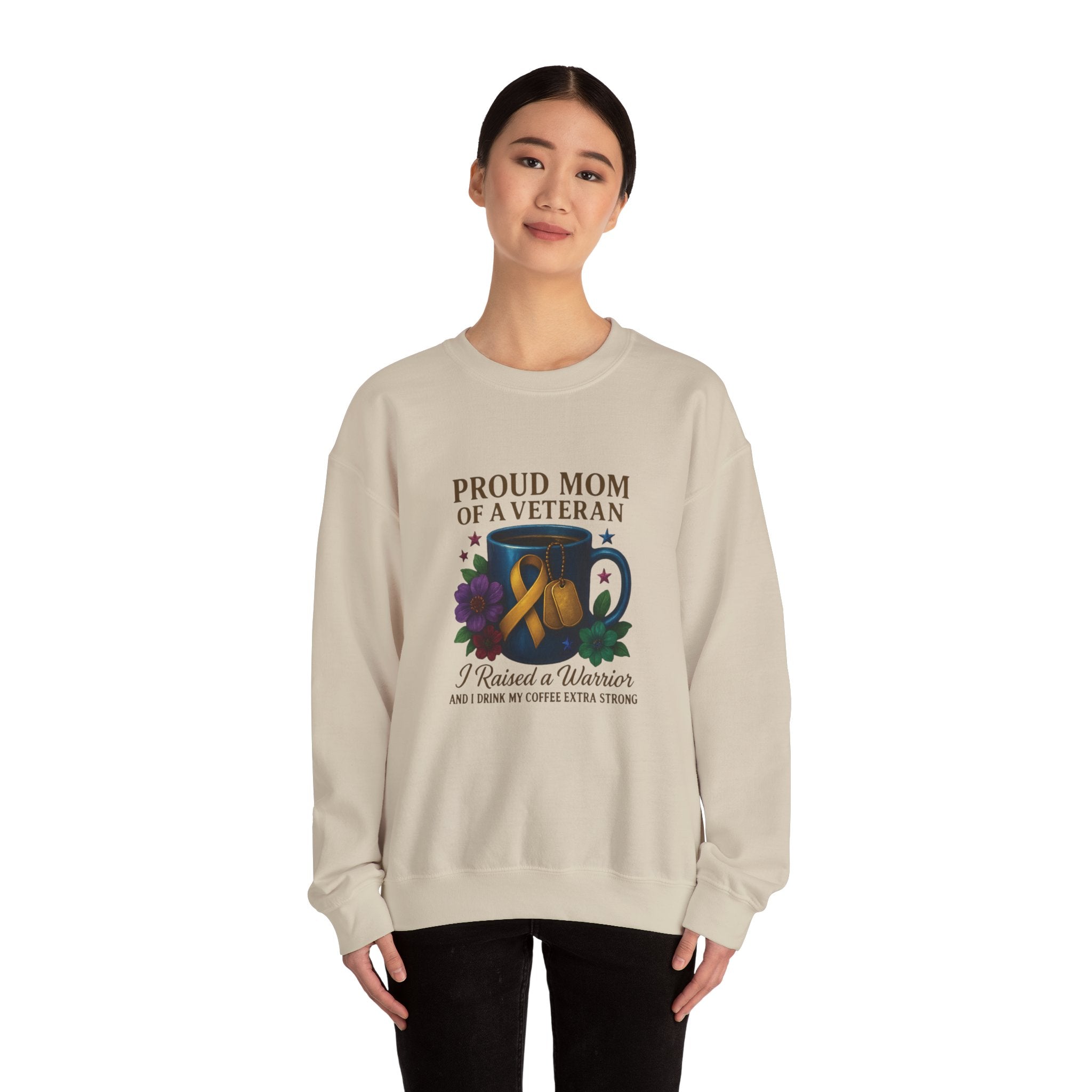 Proud Mom of a Veteran Crewneck Sweatshirt — "I Raised a Warrior" Military Mom Gift