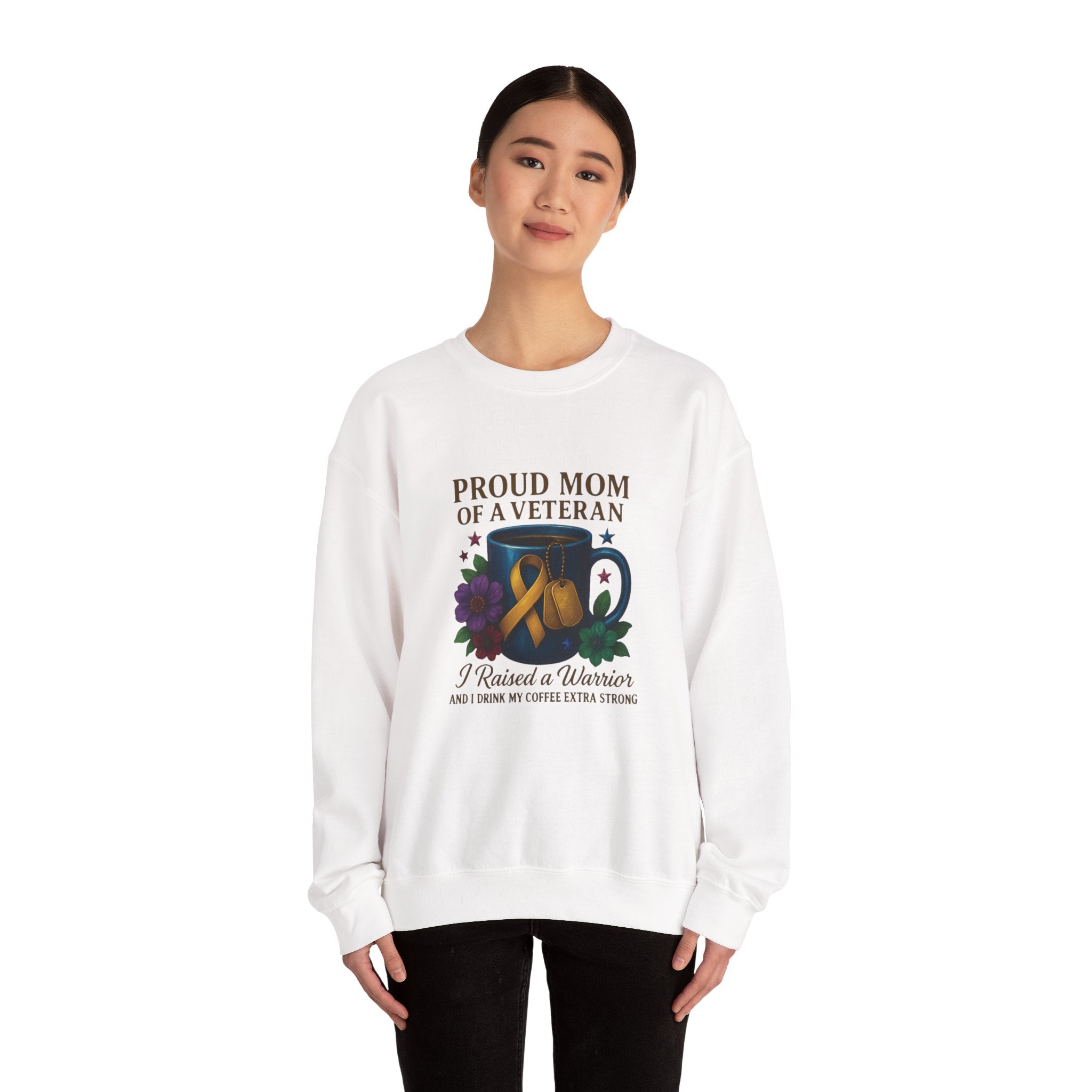 Proud Mom of a Veteran Crewneck Sweatshirt — "I Raised a Warrior" Military Mom Gift