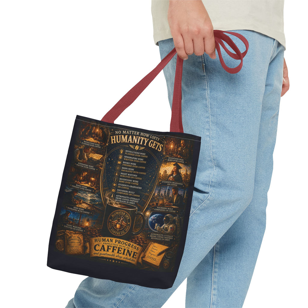 Caffeine Rules Tote Bag — "Human Progress Needs Caffeine" Vintage Coffee Design
