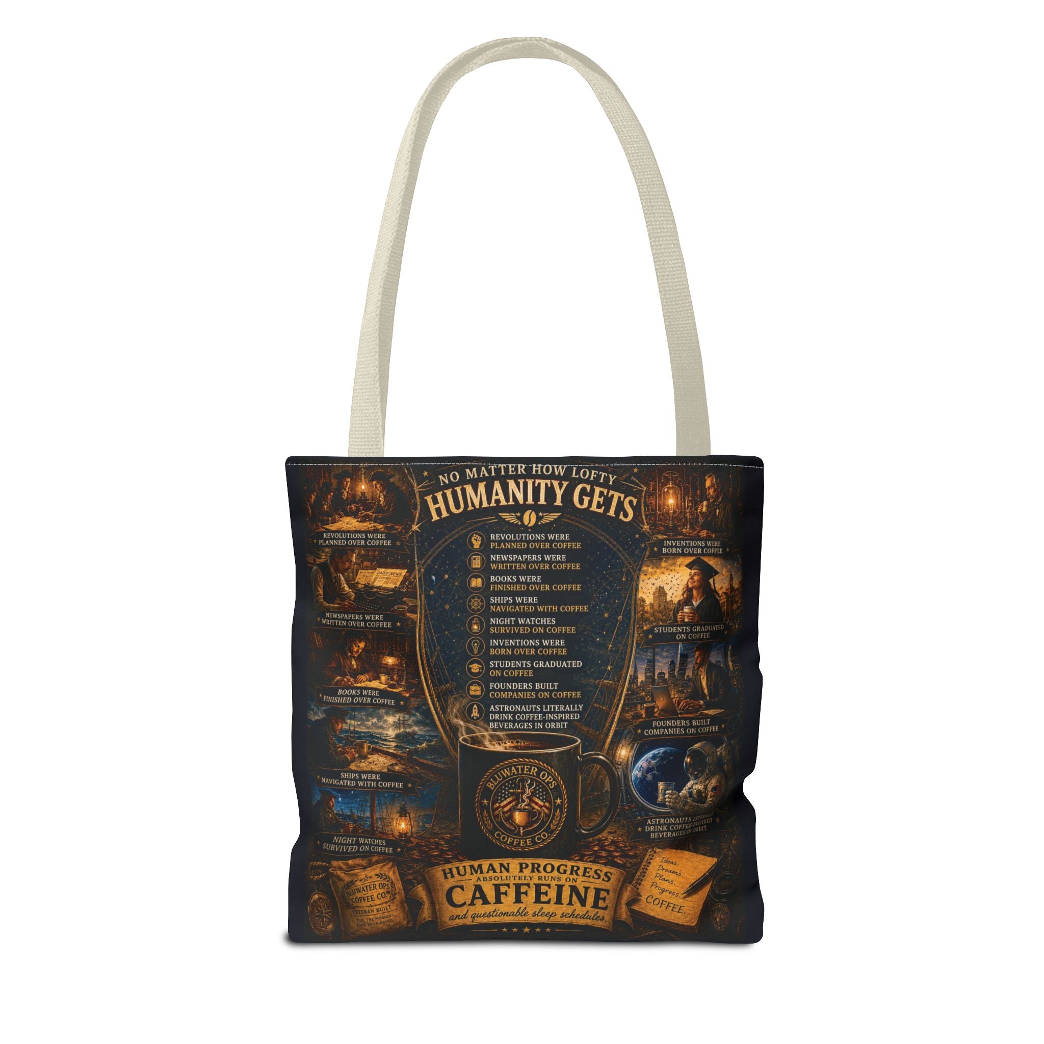 Caffeine Rules Tote Bag — "Human Progress Needs Caffeine" Vintage Coffee Design