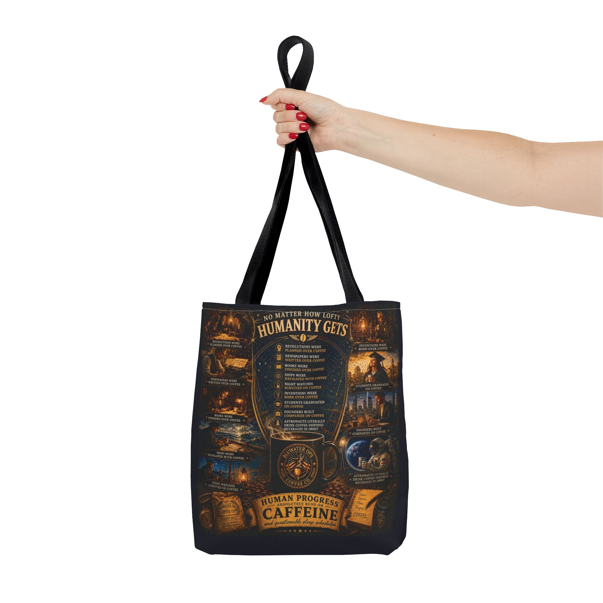 Caffeine Rules Tote Bag — "Human Progress Needs Caffeine" Vintage Coffee Design