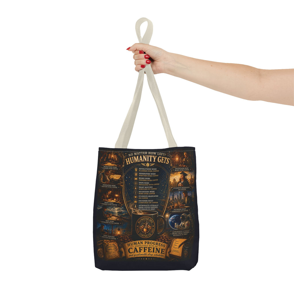 Caffeine Rules Tote Bag — "Human Progress Needs Caffeine" Vintage Coffee Design