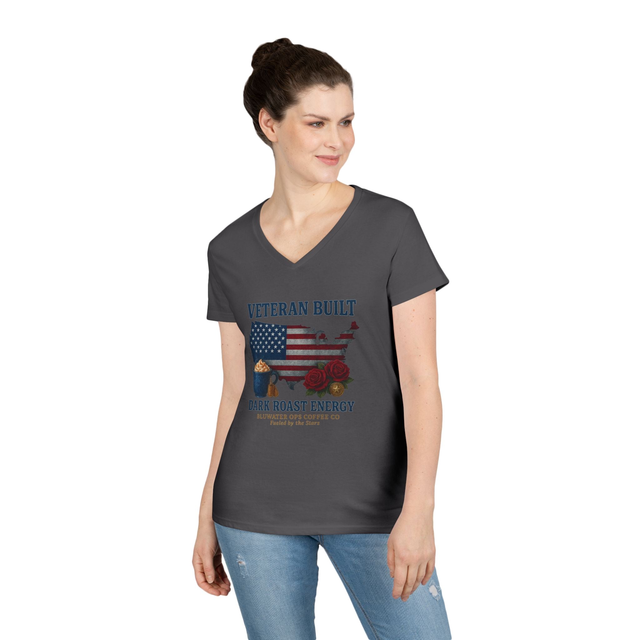Veteran Built Dark Roast Energy Ladies' V-Neck T-Shirt