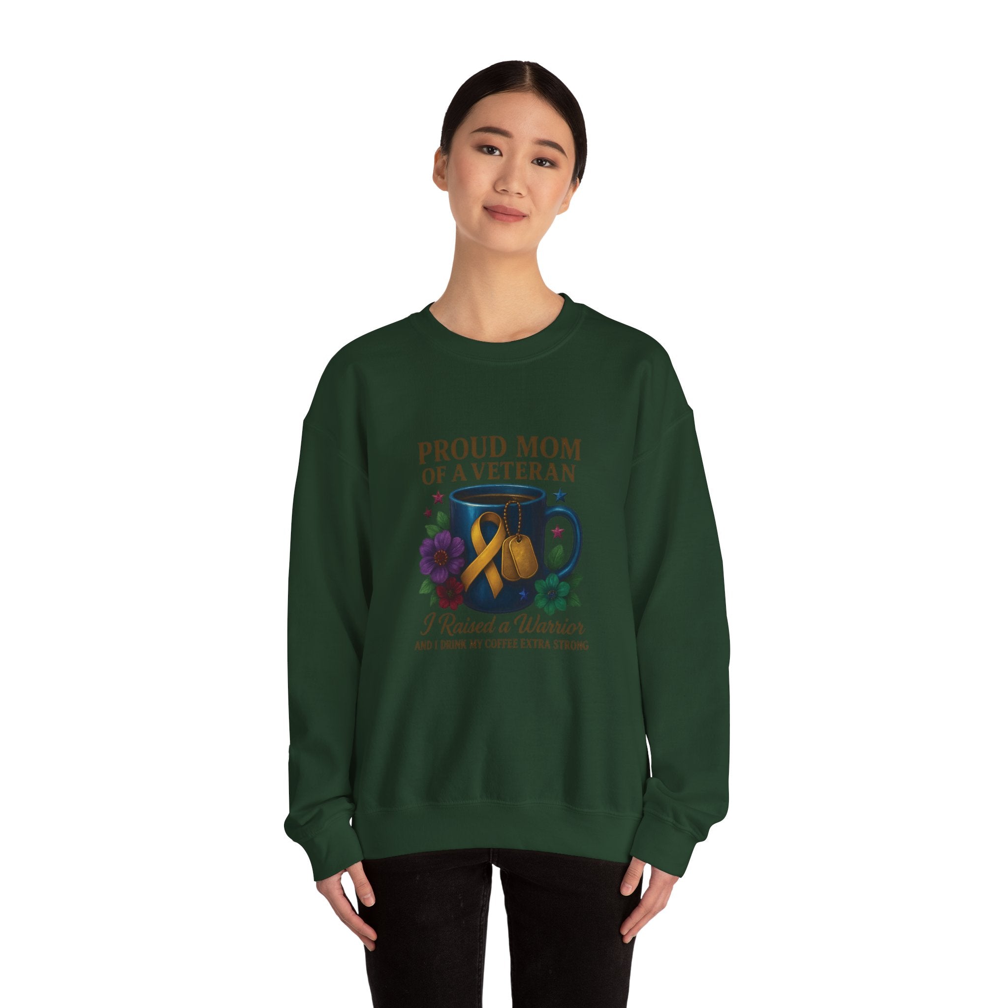 Proud Mom of a Veteran Crewneck Sweatshirt — "I Raised a Warrior" Military Mom Gift