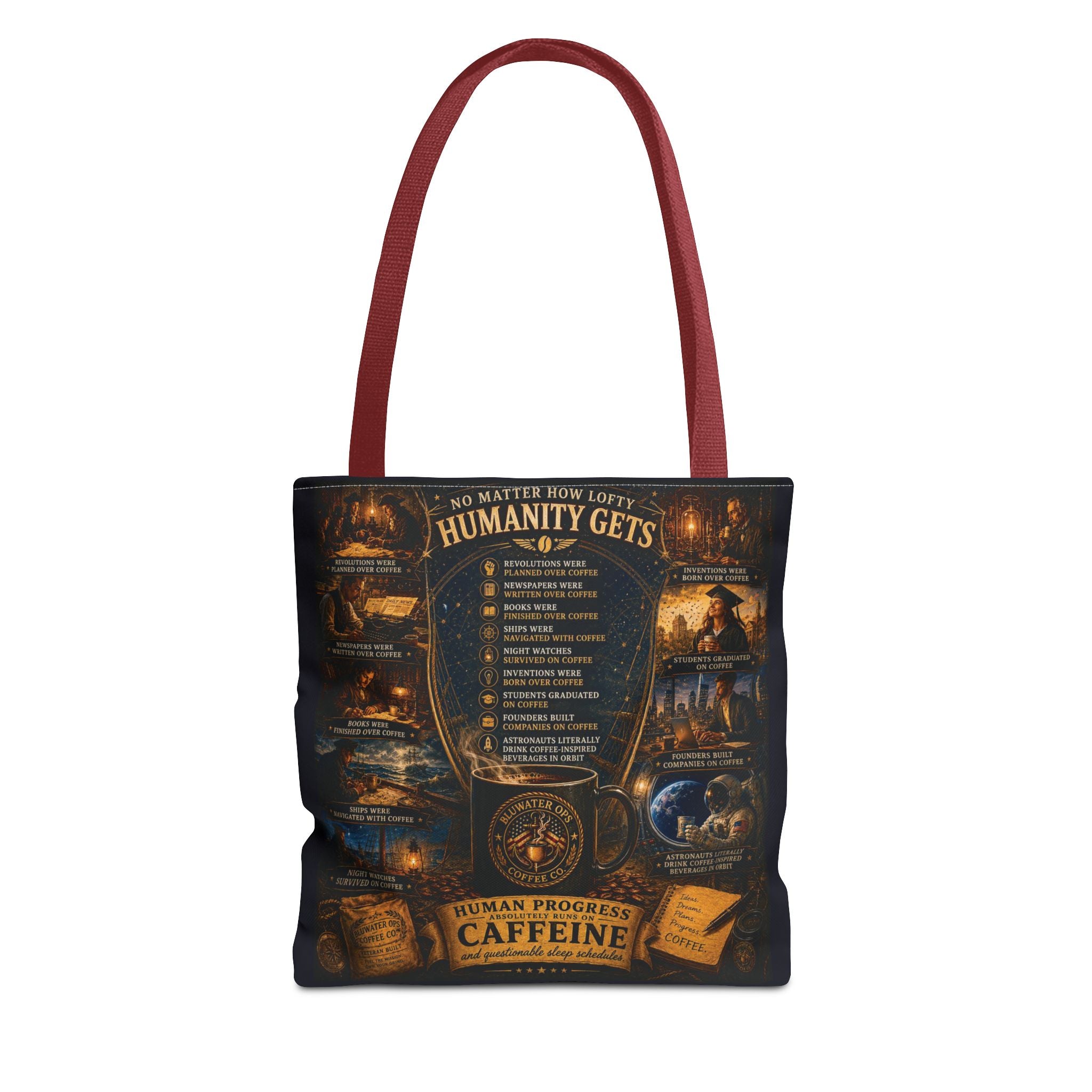 Caffeine Rules Tote Bag — "Human Progress Needs Caffeine" Vintage Coffee Design