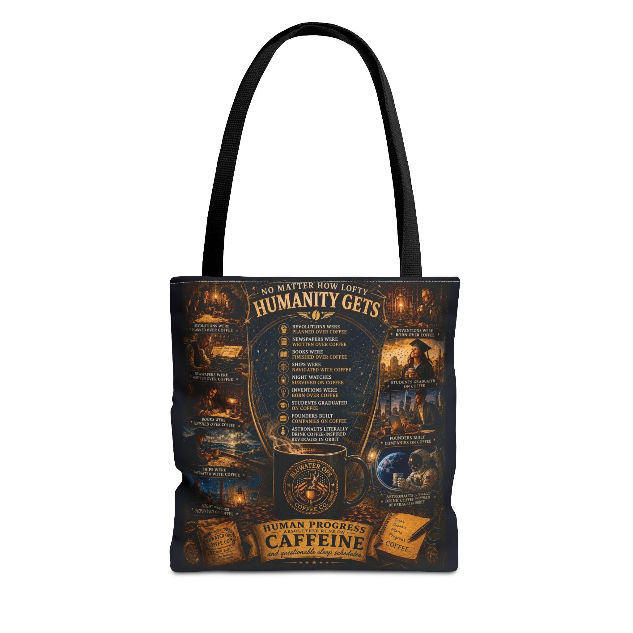 Caffeine Rules Tote Bag — "Human Progress Needs Caffeine" Vintage Coffee Design