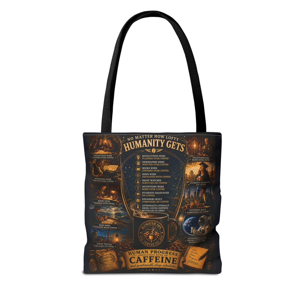Caffeine Rules Tote Bag — "Human Progress Needs Caffeine" Vintage Coffee Design