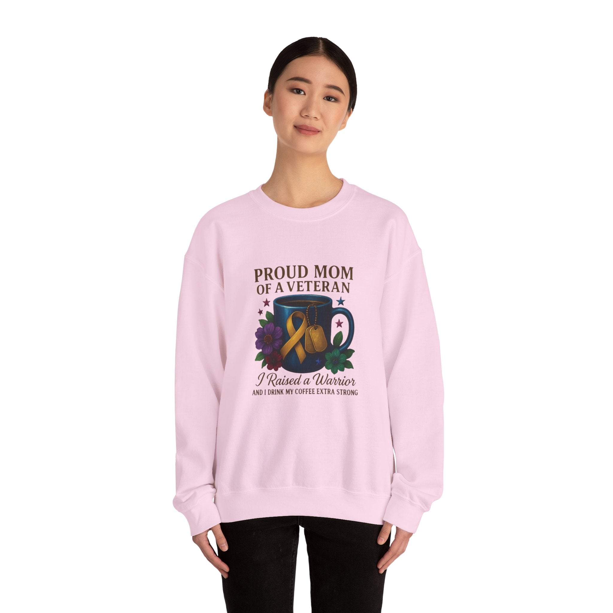 Proud Mom of a Veteran Crewneck Sweatshirt — "I Raised a Warrior" Military Mom Gift