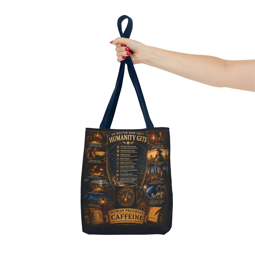 Caffeine Rules Tote Bag — "Human Progress Needs Caffeine" Vintage Coffee Design