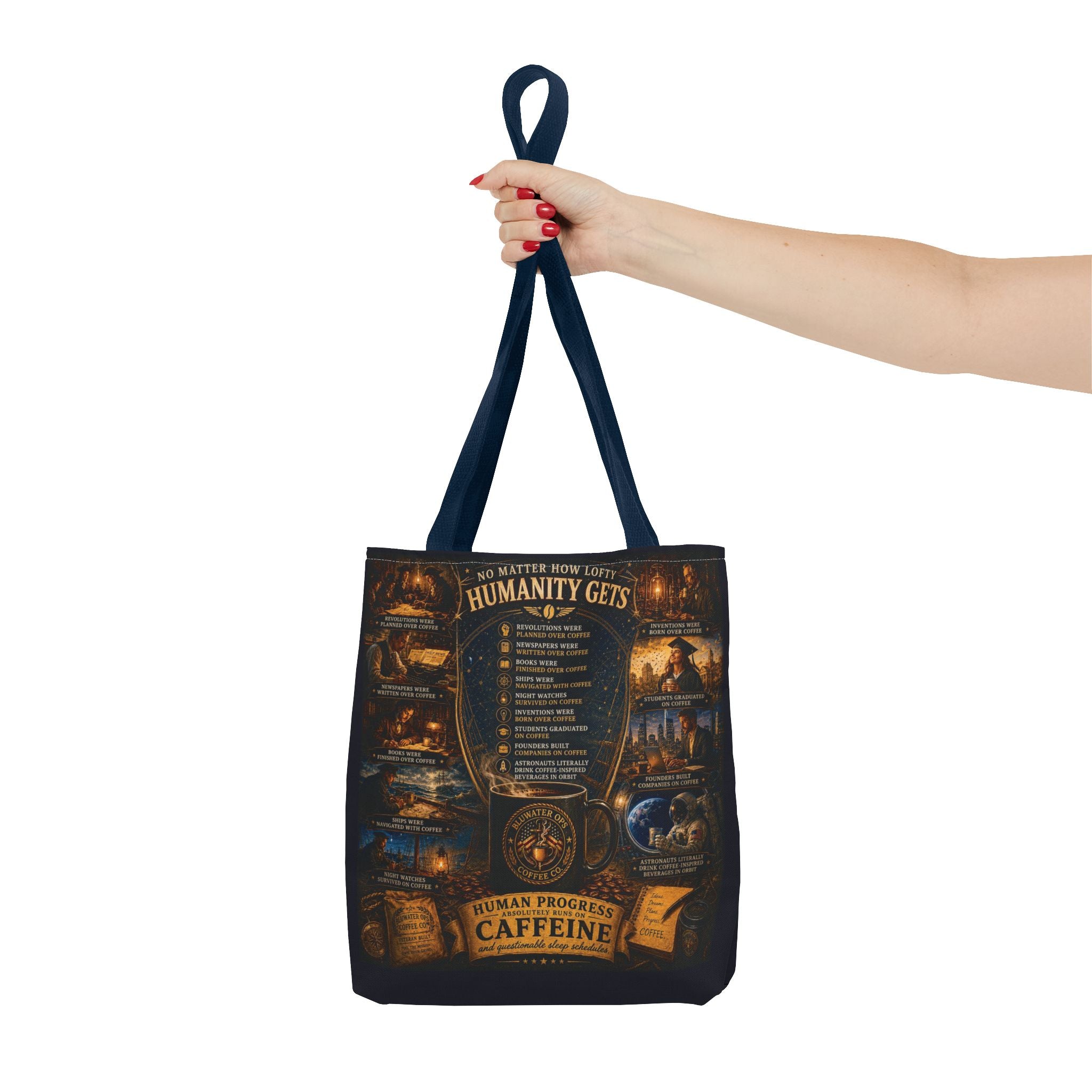 Caffeine Rules Tote Bag — "Human Progress Needs Caffeine" Vintage Coffee Design