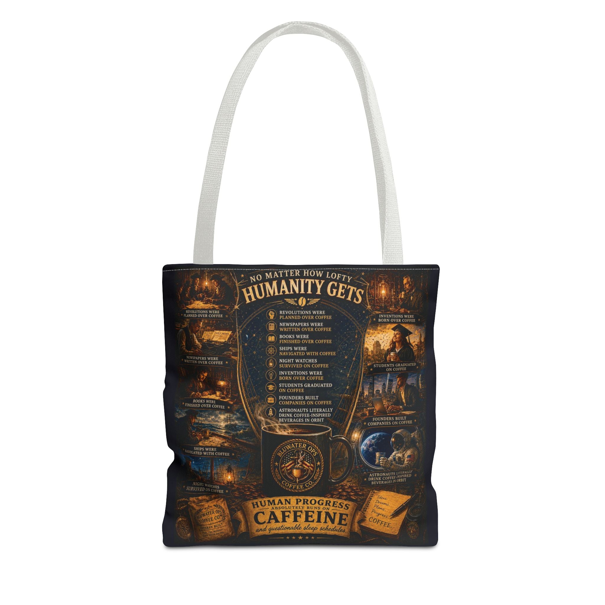 Caffeine Rules Tote Bag — "Human Progress Needs Caffeine" Vintage Coffee Design