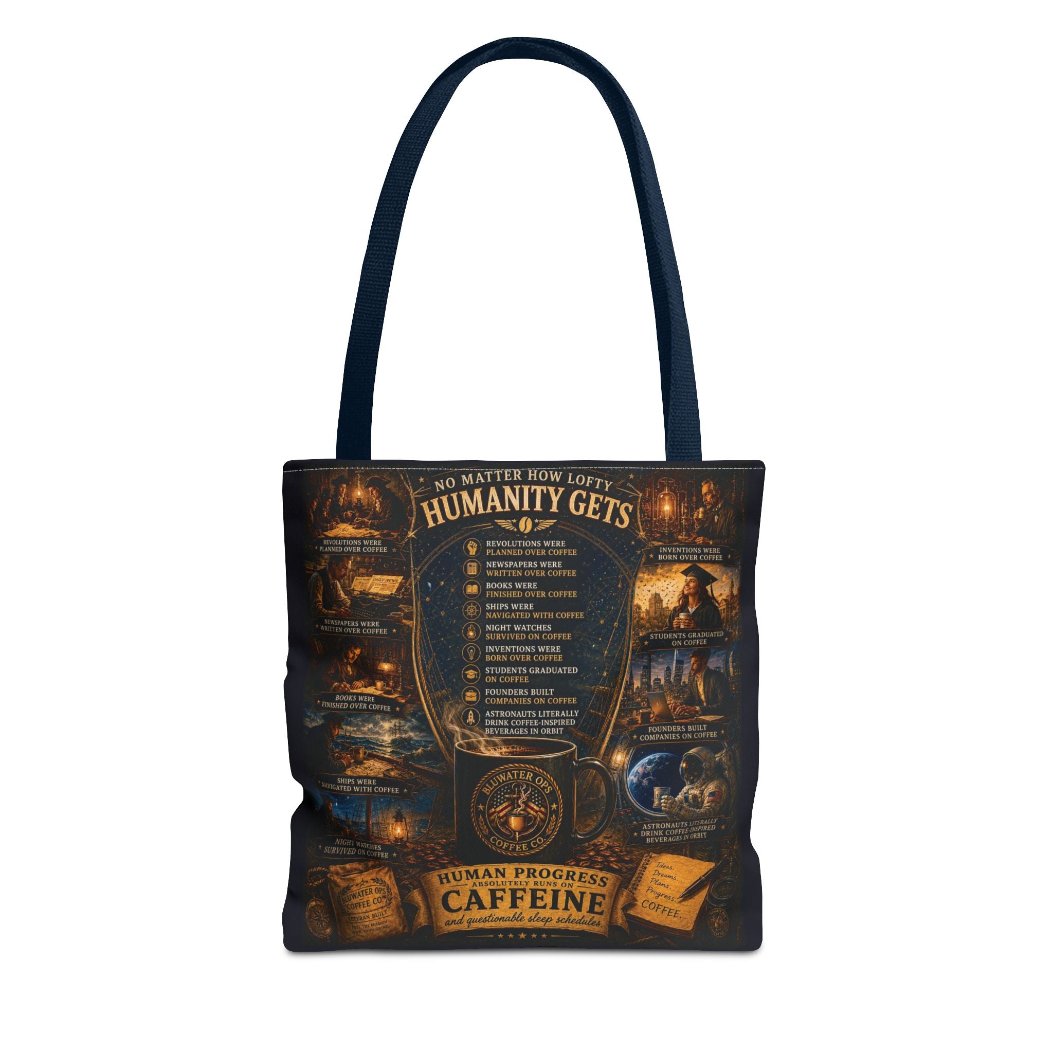 Caffeine Rules Tote Bag — "Human Progress Needs Caffeine" Vintage Coffee Design