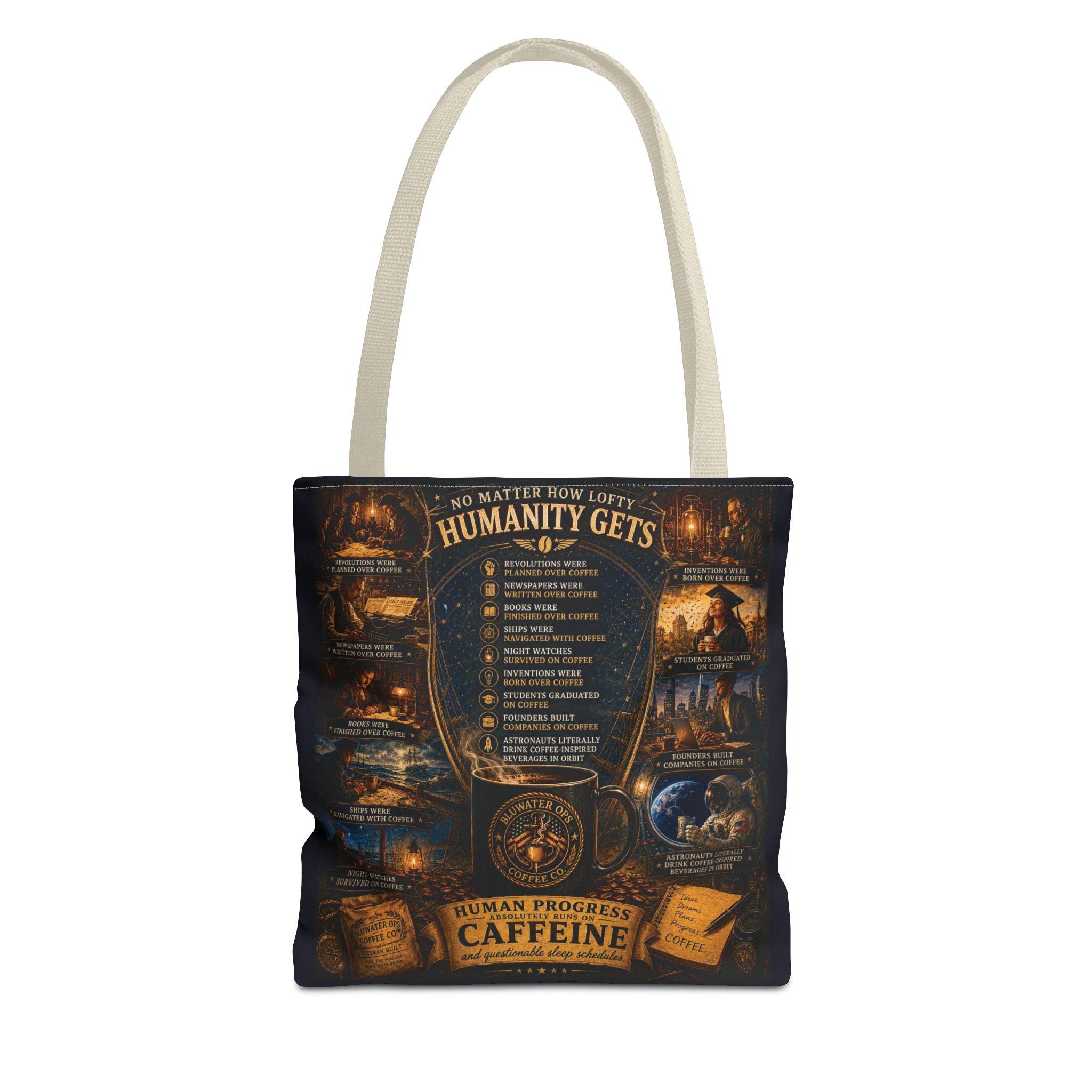 Caffeine Rules Tote Bag — "Human Progress Needs Caffeine" Vintage Coffee Design