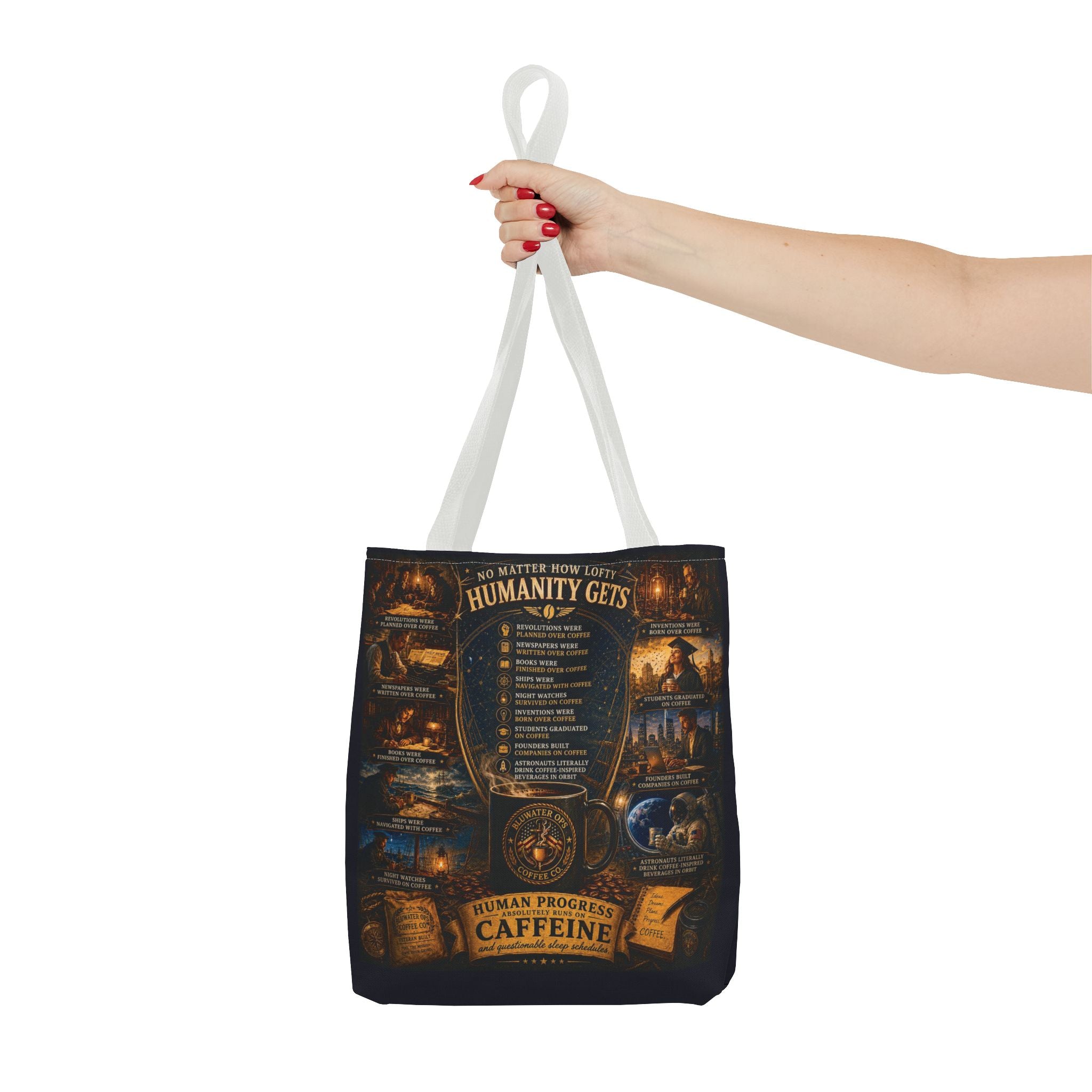 Caffeine Rules Tote Bag — "Human Progress Needs Caffeine" Vintage Coffee Design