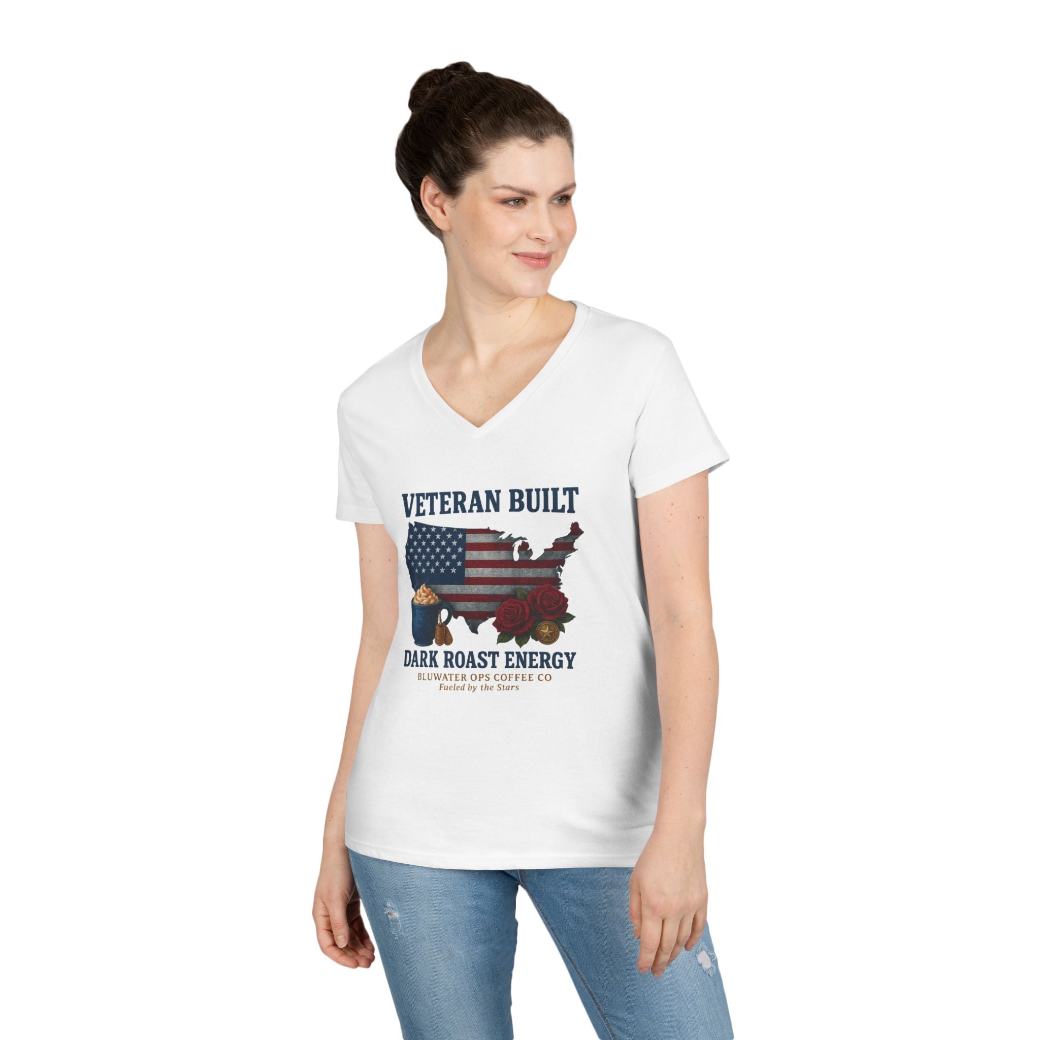 Veteran Built Dark Roast Energy Ladies' V-Neck T-Shirt