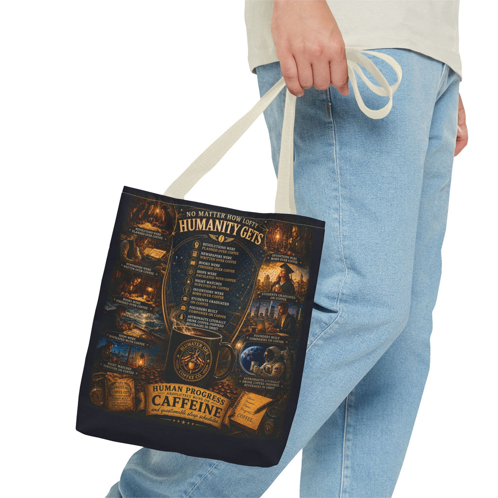 Caffeine Rules Tote Bag — "Human Progress Needs Caffeine" Vintage Coffee Design