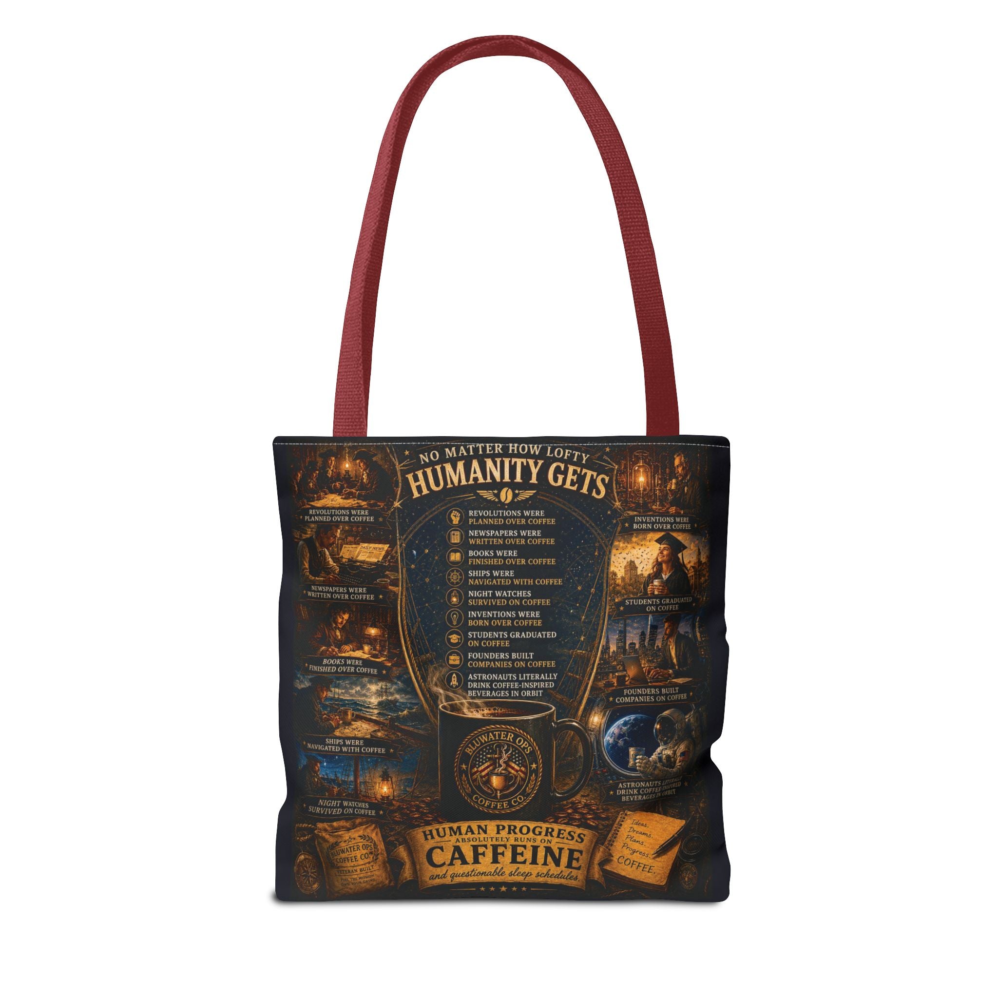 Caffeine Rules Tote Bag — "Human Progress Needs Caffeine" Vintage Coffee Design